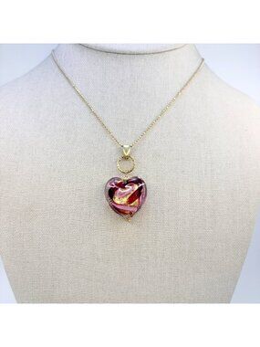 Artisan Glass Heart Necklace Gold Over Sterling Silver 925 Size 18" Adjustable